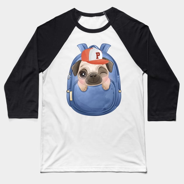 cute pug dog in a school bag Baseball T-Shirt by sharukhdesign